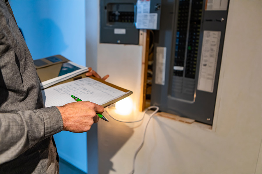 Electrician inspecting circuit breaker panel